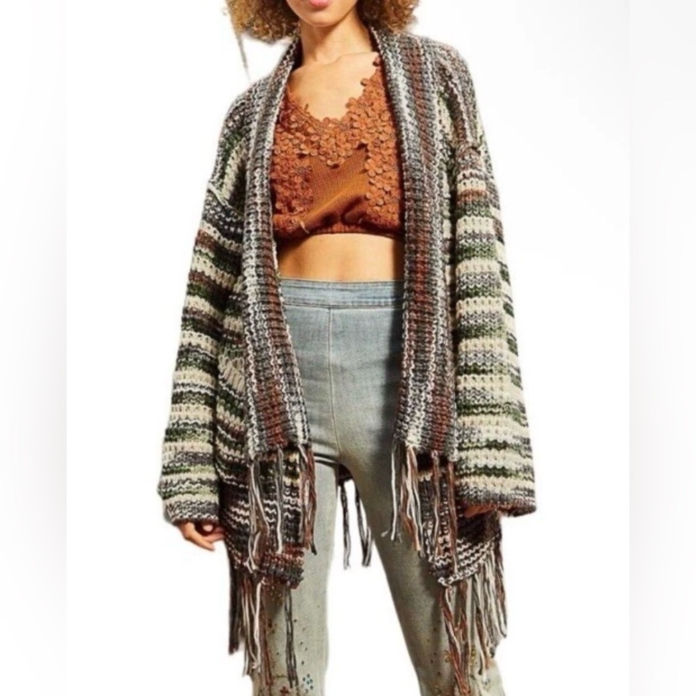 POL crochet fringe open cardigan, medium